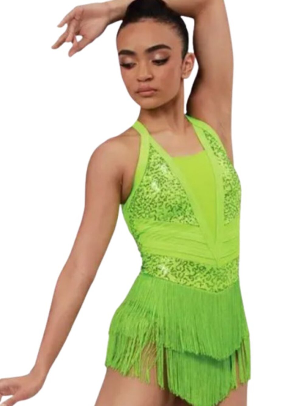 WEISSMAN Dance Costume Crazy Inlove Fringe Adult Small Neon Green Yellow Tap Acr